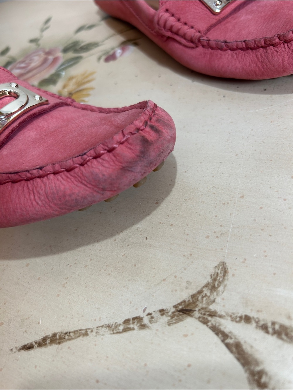 Coach Napoleon Salmon Pink Coral Suede Gold Buckle Driving Loafers - Picture 13 of 15